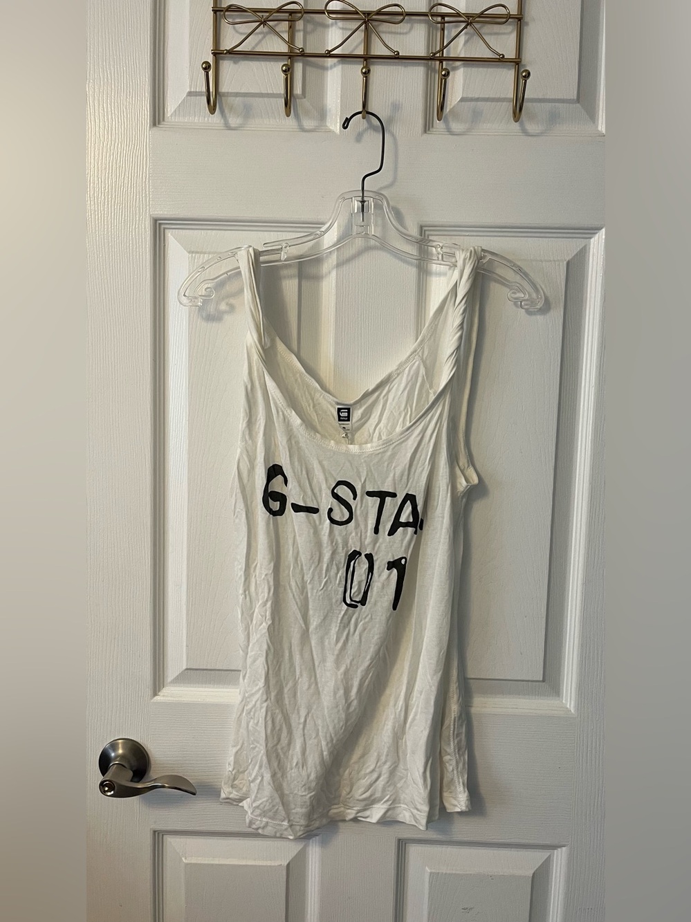 G-Star White Tank Top with Black Logo Print